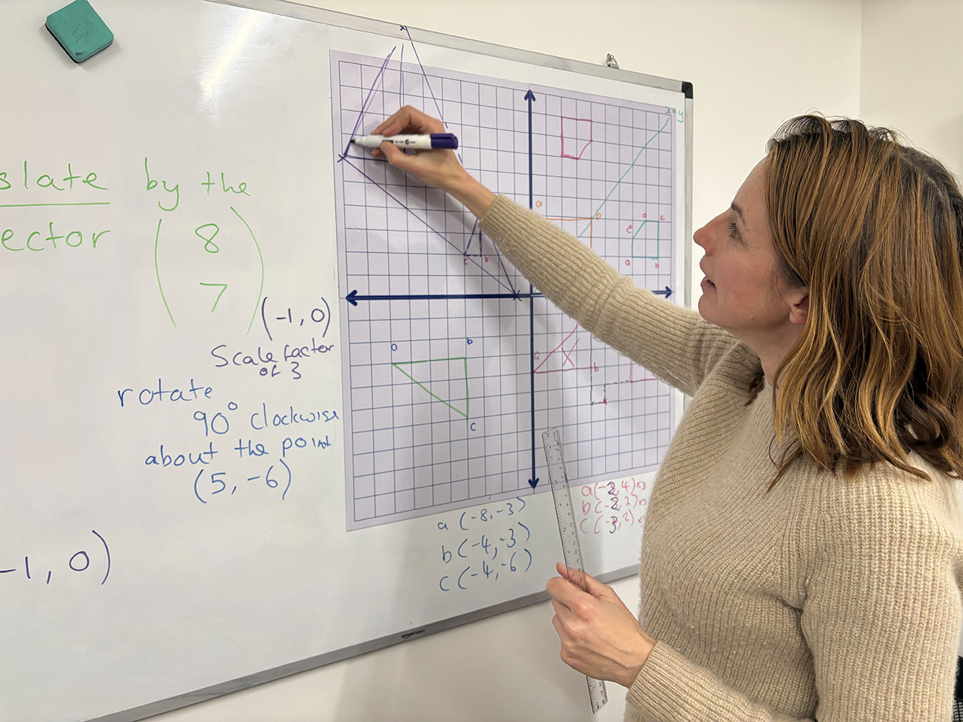 Teacher demonstrates transformations on a coordinate grid during a Key Stage 3 maths lesson